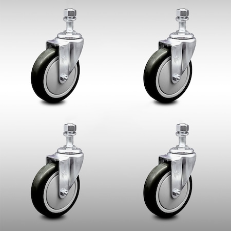 Service Caster 5 Inch SS Black Polyurethane Wheel Swivel 12mm Threaded Stem Caster Set SCC SCC-SSTS20S514-PPUB-BLK-M1215-4